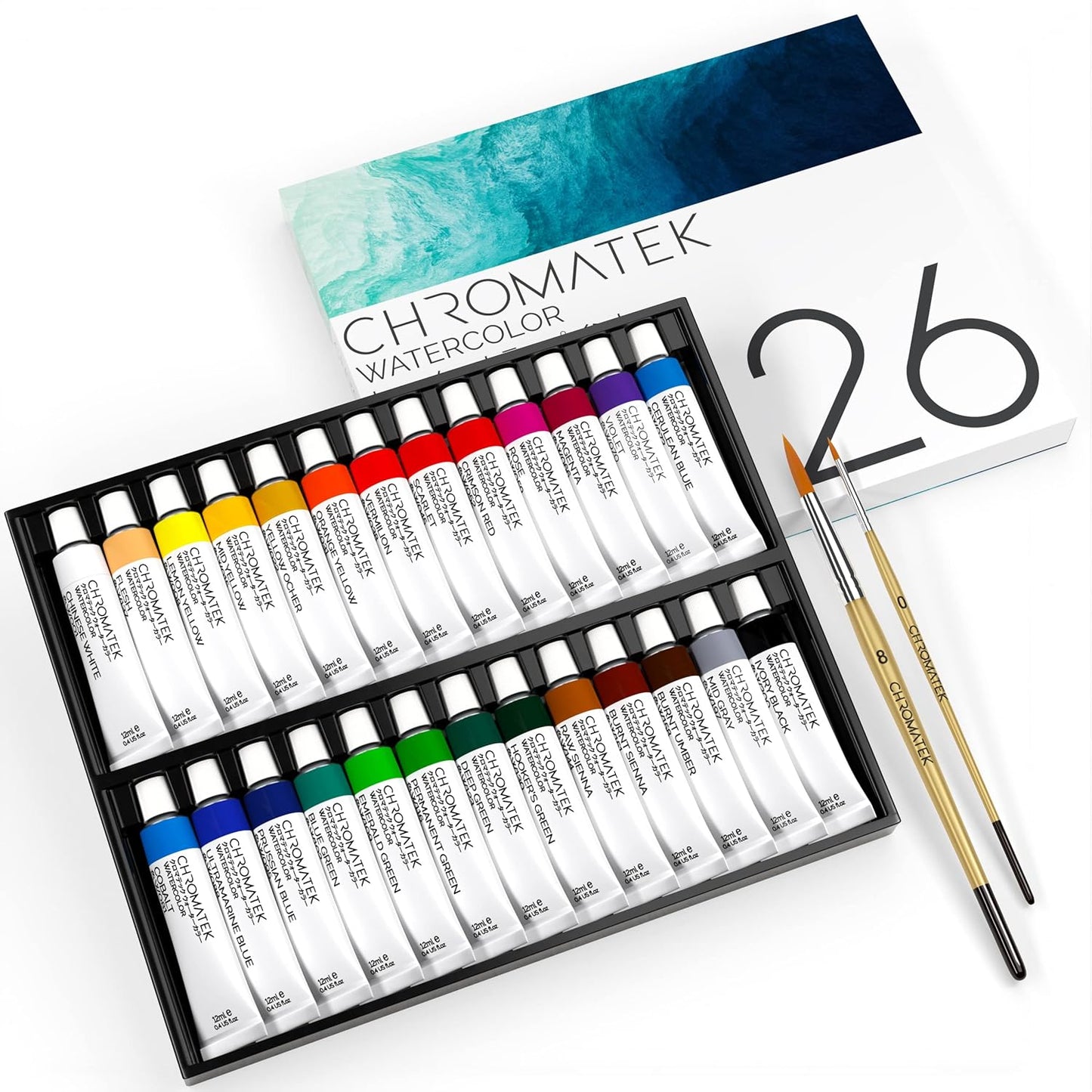 WATERCOLOR PAINT 28 PIECES SET: 26 X 12ML TUBES, 2 PAINTING BRUSHES