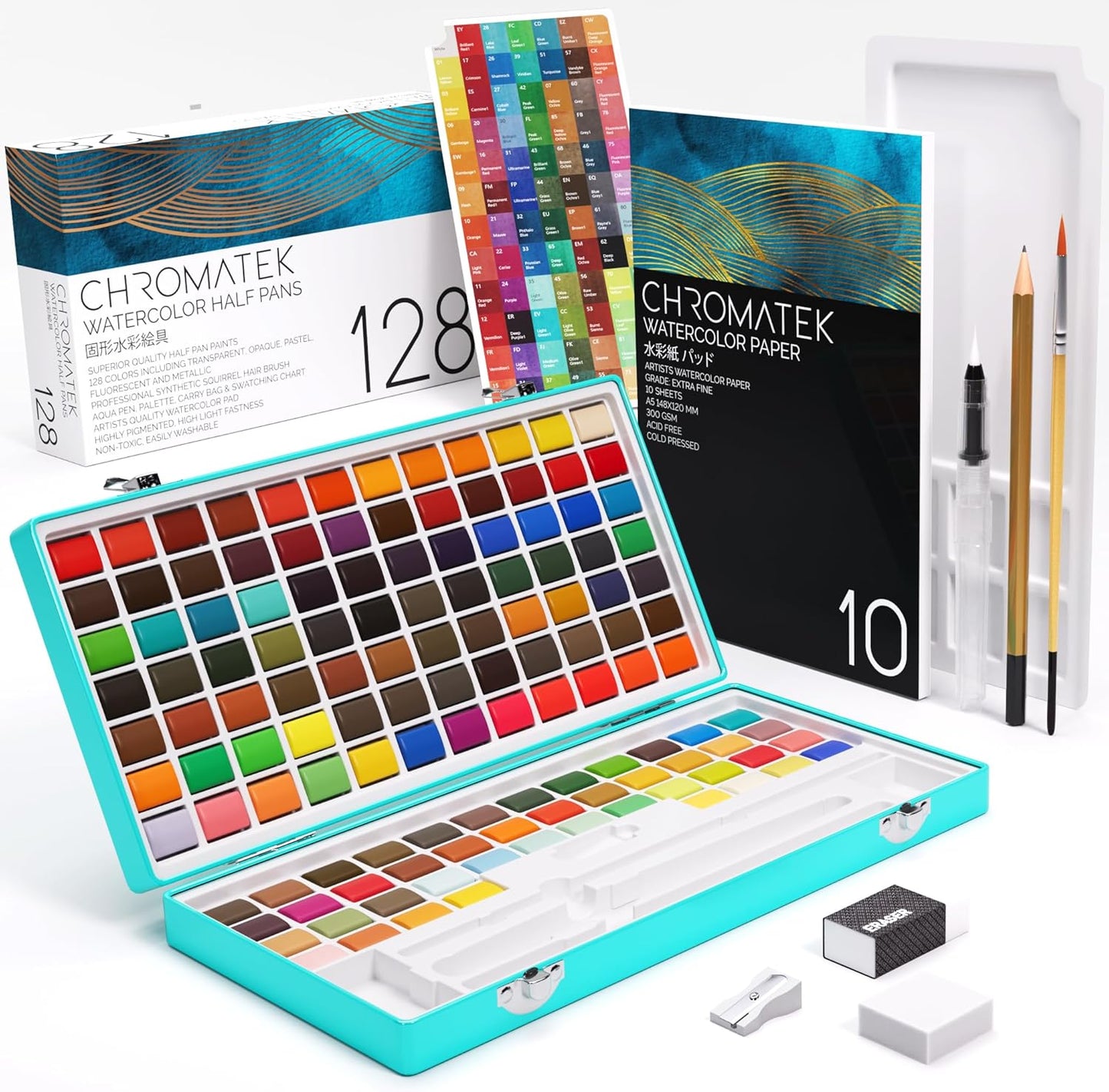 WATERCOLOR WATERCOLOR PAINT SET: 128 VIVID COLORS IN PORTABLE BOX, PAD, BRUSHES, TRAVEL KIT