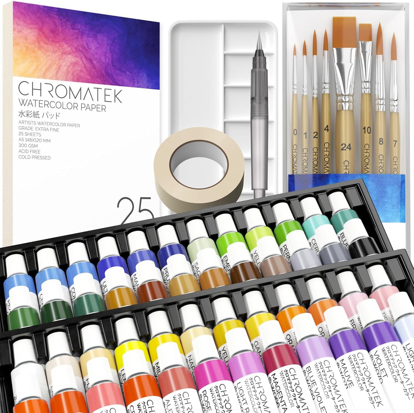 WATERCOLOR PAINT 84 PIECES SET: 48 X 12ML TUBES, 25 PAGES SKETCH PAD, 8 PAINTING BRUSHES, AQUAPEN, PALETTE, MASKING TAPE