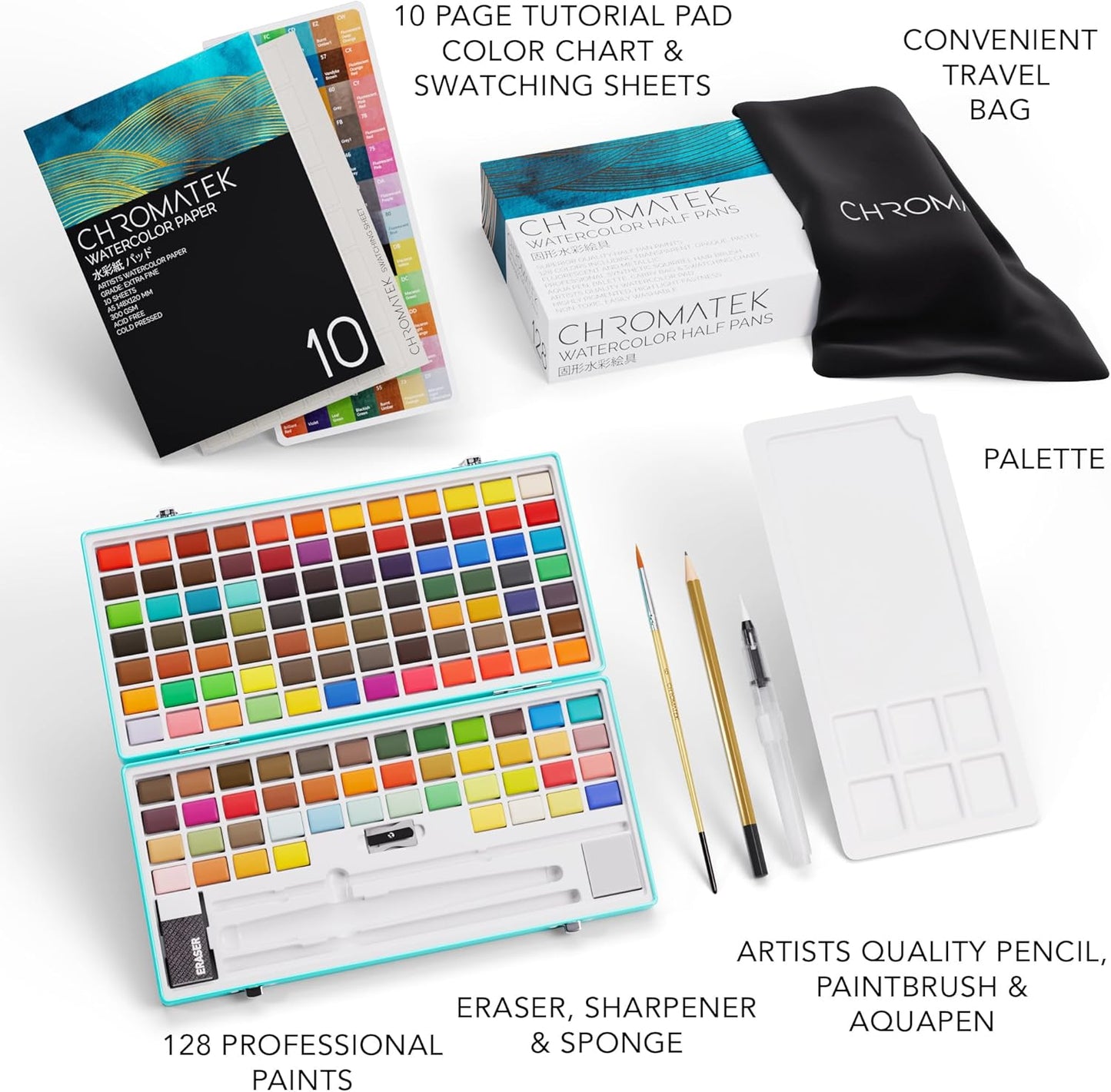 WATERCOLOR WATERCOLOR PAINT SET: 128 VIVID COLORS IN PORTABLE BOX, PAD, BRUSHES, TRAVEL KIT