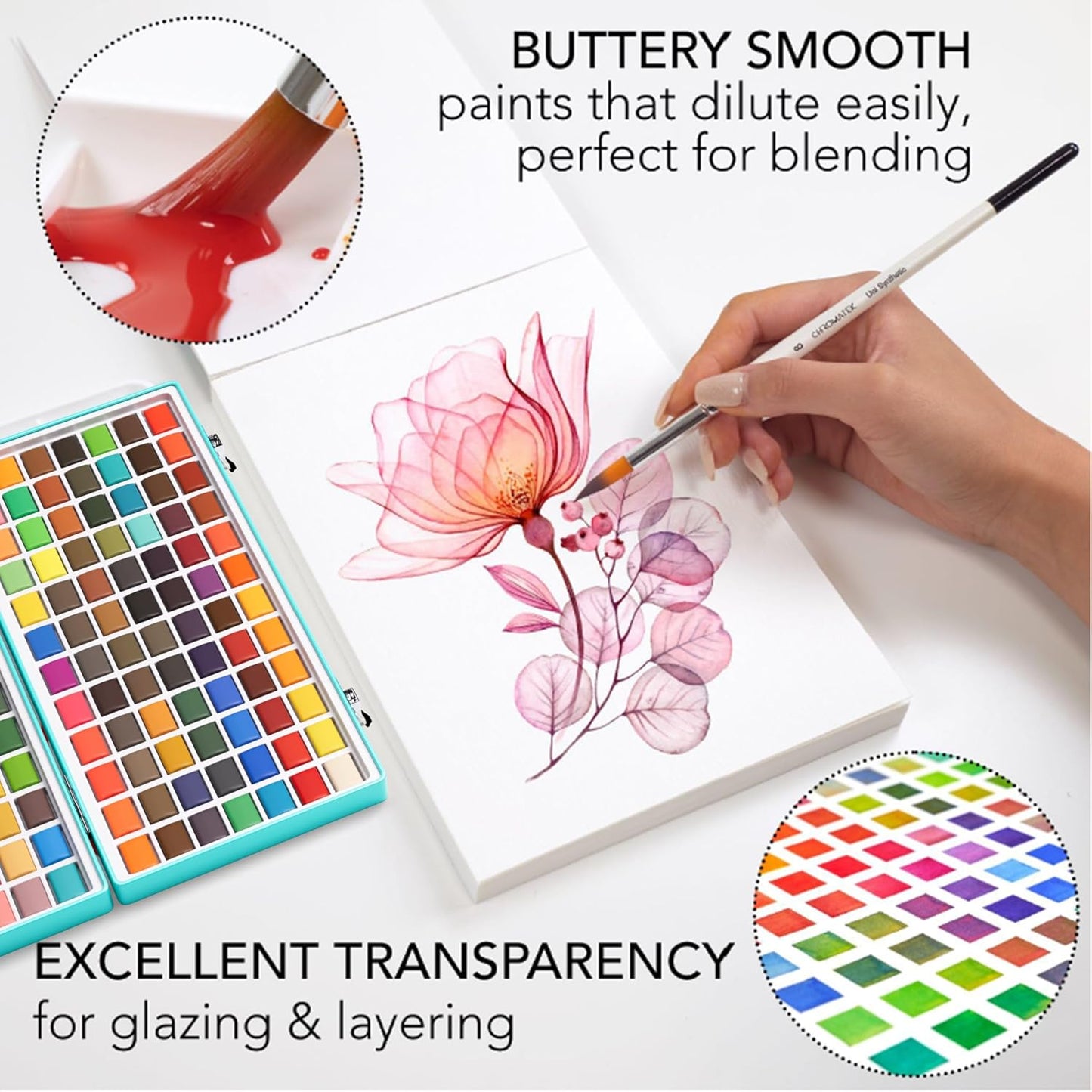 WATERCOLOR WATERCOLOR PAINT SET: 128 VIVID COLORS IN PORTABLE BOX, PAD, BRUSHES, TRAVEL KIT