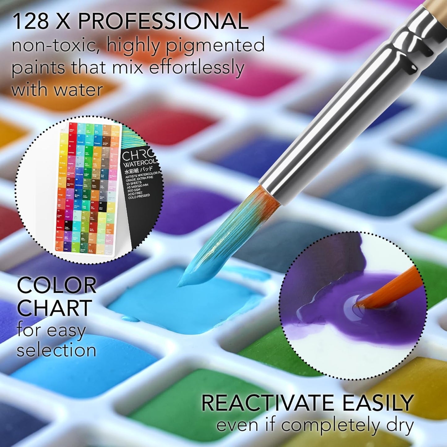 WATERCOLOR WATERCOLOR PAINT SET: 128 VIVID COLORS IN PORTABLE BOX, PAD, BRUSHES, TRAVEL KIT