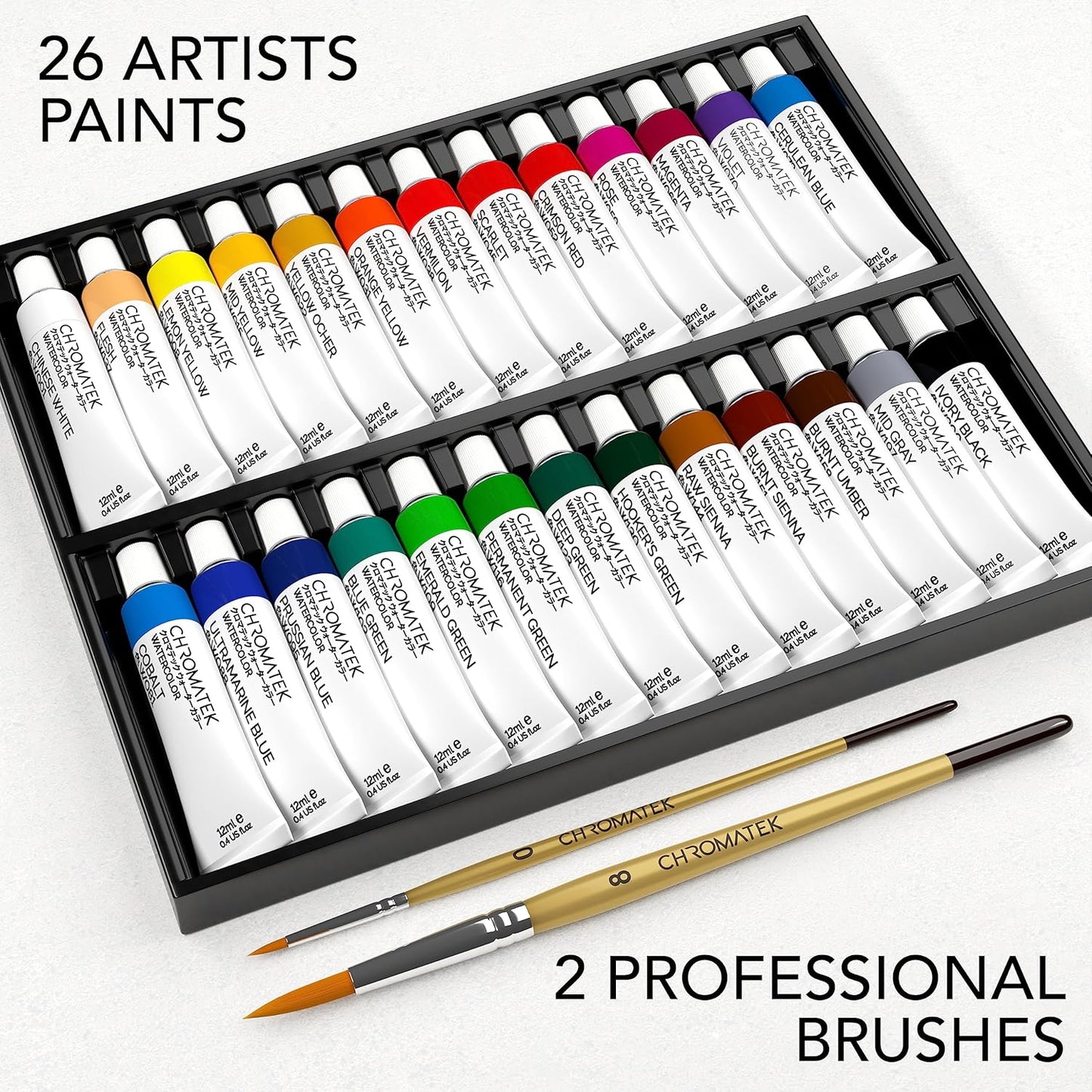 WATERCOLOR PAINT 28 PIECES SET: 26 X 12ML TUBES, 2 PAINTING BRUSHES
