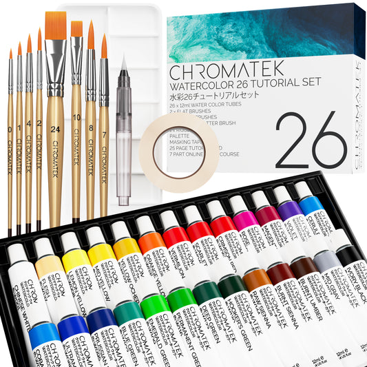 WATERCOLOR SET: 26 X 12ML TUBES, BRUSHES, PALETTE, TUTORIAL PAD AND VIDEO SERIES