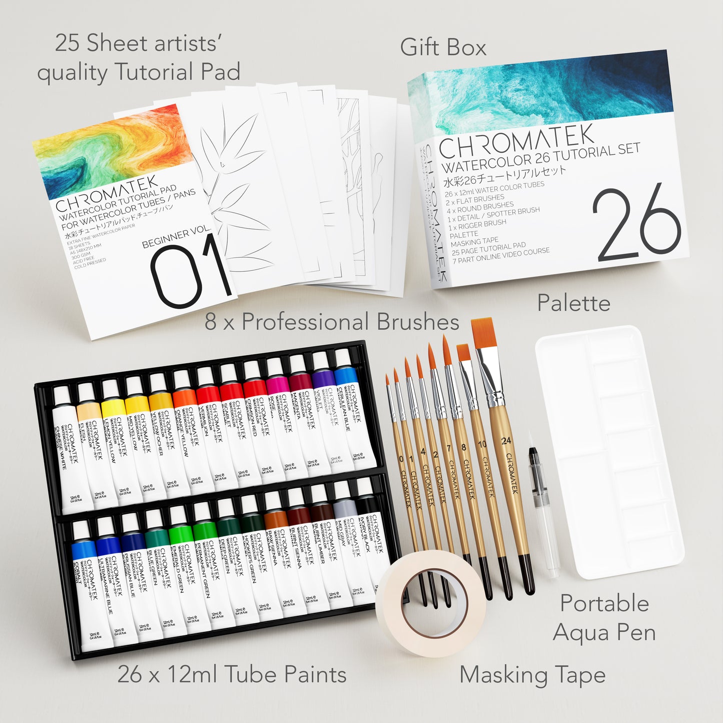 WATERCOLOR SET: 26 X 12ML TUBES, BRUSHES, PALETTE, TUTORIAL PAD AND VIDEO SERIES