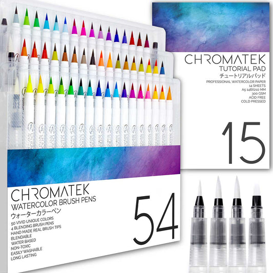 54 WATERCOLOR REAL BRUSH PEN SET + TUTORIAL PAD