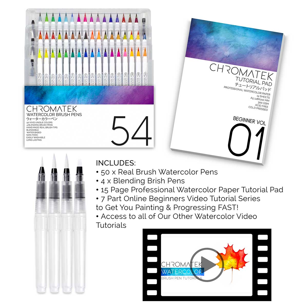 54 WATERCOLOR REAL BRUSH PEN SET + TUTORIAL PAD