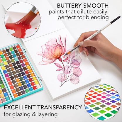 WATERCOLOR WATERCOLOR PAINT SET: 128 VIVID COLORS IN PORTABLE BOX, PAD, BRUSHES, TRAVEL KIT