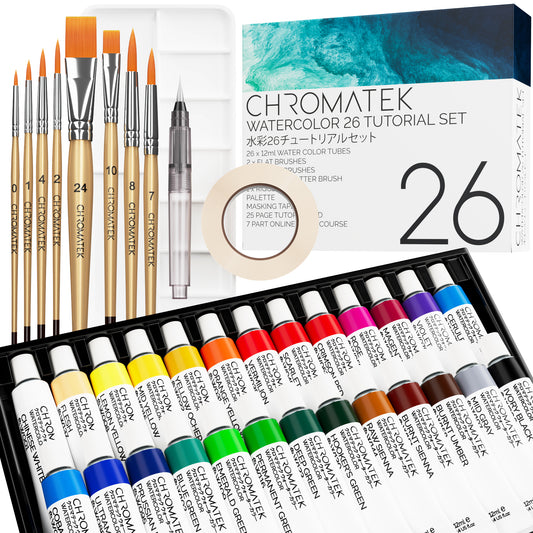 WATERCOLOR SET: 24 X 12ML TUBES, BRUSHES, PALETTE, TUTORIAL PAD AND VIDEO SERIES