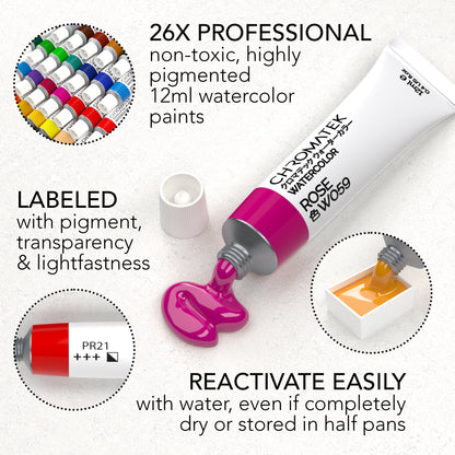 WATERCOLOR SET: 24 X 12ML TUBES, BRUSHES, PALETTE, TUTORIAL PAD AND VIDEO SERIES